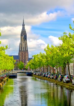 The canals and waterways in the city of Delft in The Netherlands on a sunny day.