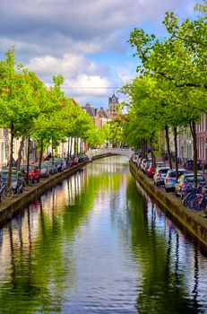 Delft, Netherlands - May 2, 2019 - The canals and waterways in the city of Delft in The Netherlands on a sunny day.