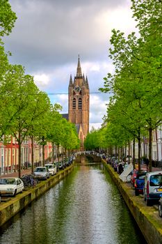 Delft, Netherlands - May 2, 2019 - The canals and waterways in the city of Delft in The Netherlands on a sunny day.