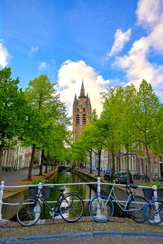 The canals and waterways in the city of Delft in The Netherlands on a sunny day.