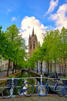 The canals and waterways in the city of Delft in The Netherlands on a sunny day.