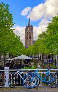 The canals and waterways in the city of Delft in The Netherlands on a sunny day.