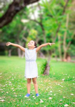 Happy cute little girl standing on the field and open hands.Freedom concept.