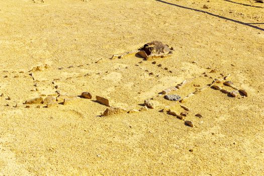 View of primitive mosaics in the Leopard Temple of Uvda, a 7000-year-old temple in the Negev desert, southern Israel