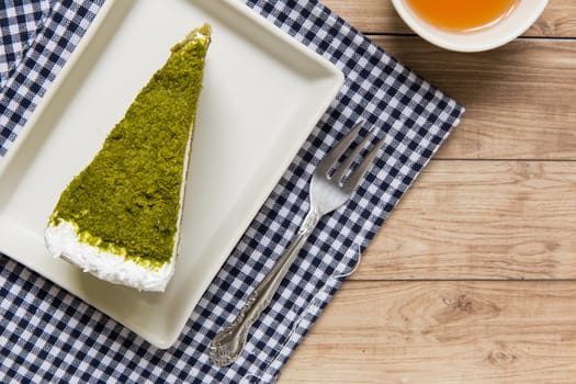 Freshly baked green tea cake for tea break.