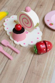 Fake food and kitchen equipment for little children.