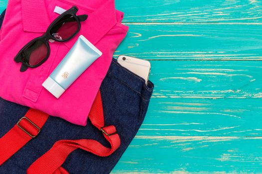 Accessories for vacation at beach, vintage style background.