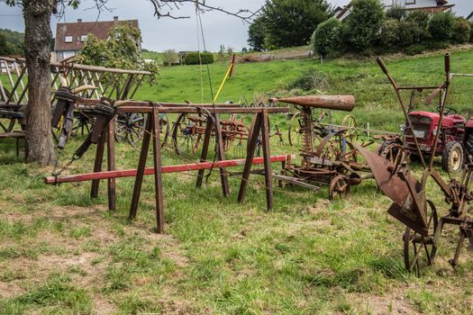 Historic agricultural machinery on the field