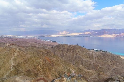 View of Mount Tzfahot and the gulf of Aqaba. Eilat Mountains, southern Israel and Jordan