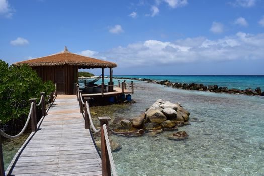 Aruba, Renaissance Island, Caribbean Sea. Sunny beach with white sand, coconut palm trees and turquoise sea. Summer vacation, tropical beach and pink flamingos