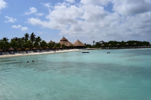 Aruba, Renaissance Island, Caribbean Sea. Sunny beach with white sand, coconut palm trees and turquoise sea. Summer vacation, tropical beach and pink flamingos