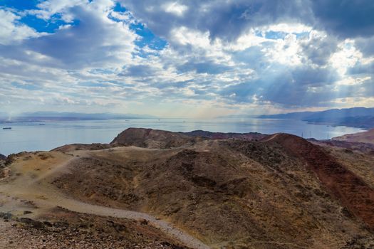 View of Mount Tzfahot and the gulf of Aqaba. Eilat Mountains, southern Israel and Egypt