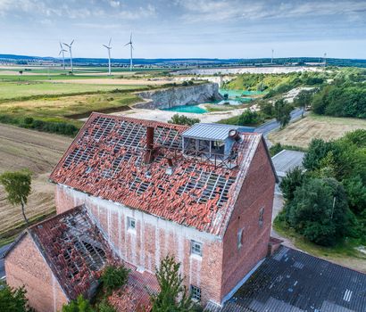 Aerial view of an old house, lost place, ruin, near Hildesheim, Germany