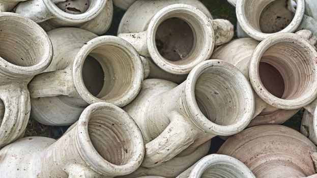 Jugs of clay, not glazed, in a camp in a village in Jordan