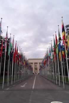 National flgs at the entrance in UN office at Geneva, Switzerland - The United Nations have one of their largest office at Geneva, Switzerland