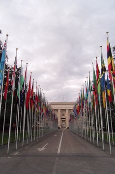 National flgs at the entrance in UN office at Geneva, Switzerland - The United Nations have one of their largest office at Geneva, Switzerland