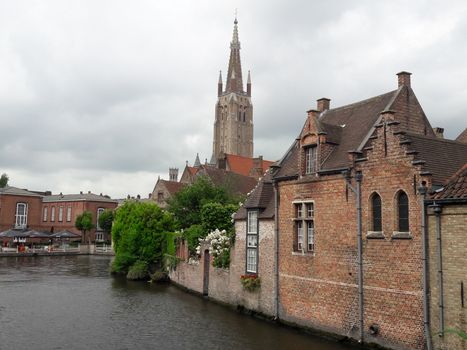 Classic view of the historic city center of Bruges (Brugge), West Flanders province, Belgium. Cityscape of Bruges. Architecture and landmark of Bruges