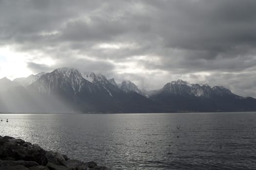 Montreux, Switzerland - 29 December 2011: A beaufitul view of Montreaux, a wonderful small town near to Geneva lake