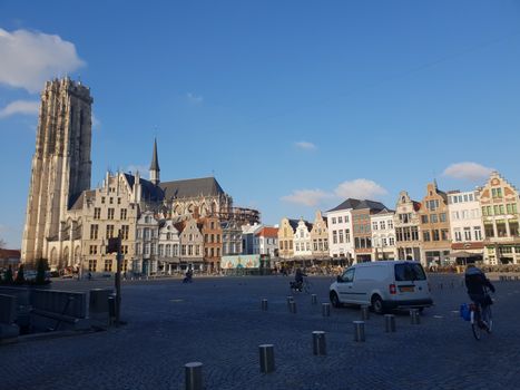 Mechelen, Flanders, Belgium - December 13, 2018: The Mechelen square and the St. Rumbold's Cathedra in the historical city center in Mechelen (Malines)