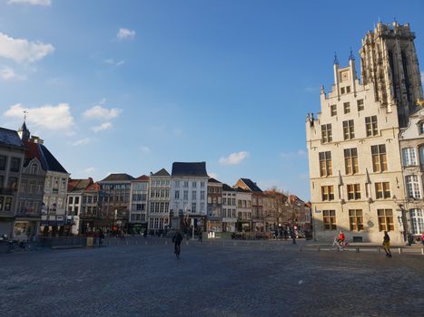 Mechelen, Flanders, Belgium - December 13, 2018: The Mechelen square and the St. Rumbold's Cathedra in the historical city center in Mechelen (Malines)