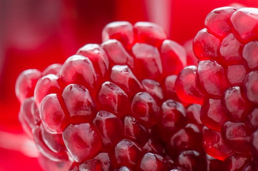 Fresh pomegranate seeds on a red background closeup