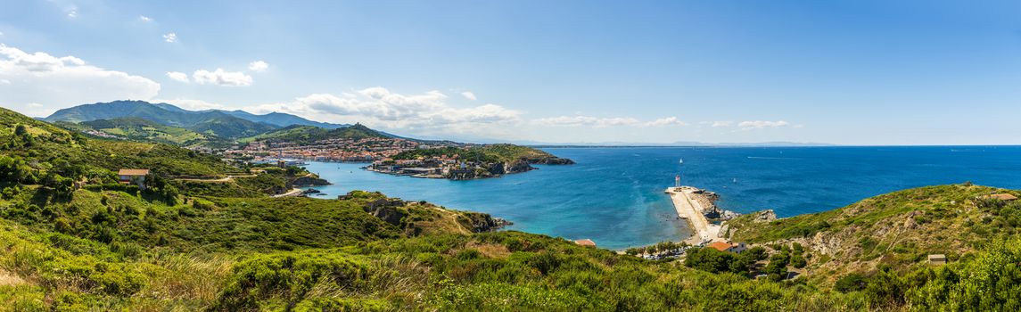 Magnificent panorama of Port-Vendres and the surrounding area. On the Mediterranean coast in the department of Pyrénées-Orientales, in the Occitanie region, in the south of France.