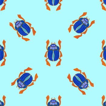 Scarab isolated on blue background. Seamless pattern with Bug insect, Beetles. Design for wrapping paper, cover, greeting card, wallpaper, fabric.