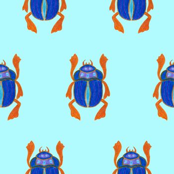 Scarab isolated on blue background. Seamless pattern with Bug insect, Beetles. Design for wrapping paper, cover, greeting card, wallpaper, fabric.