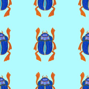 Scarab isolated on blue background. Seamless pattern with Bug insect, Beetles. Design for wrapping paper, cover, greeting card, wallpaper, fabric.