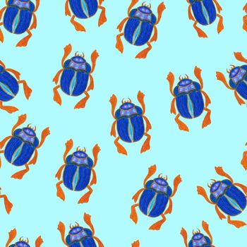 Scarab isolated on blue background. Seamless pattern with Bug insect, Beetles. Design for wrapping paper, cover, greeting card, wallpaper, fabric.