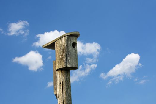 A wooden birdhouse carved from a whole piece of wood and mounted on a wooden pillar