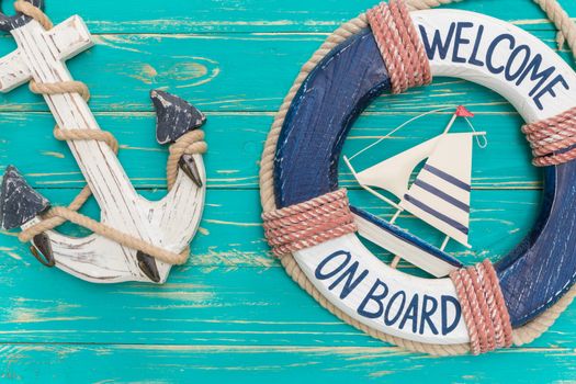 Vintage style of seashore decors on blue wooden background.