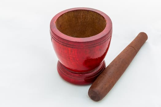 Wooden Mortar isolated on white background.