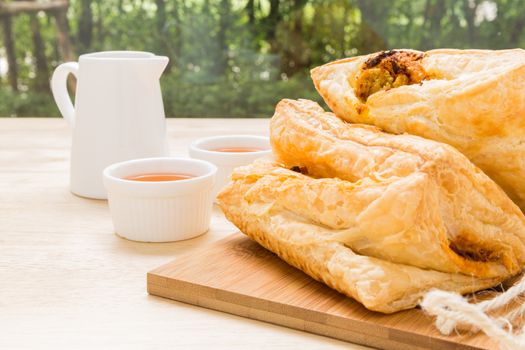 Freshly made puff pastry pie for tea break.