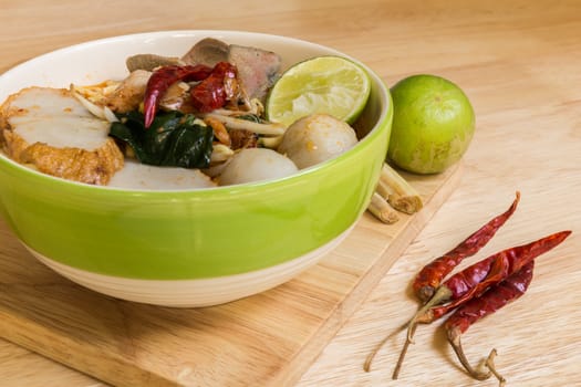 Tom Yum Spicy Soup Noodle with Fish Ball and Pork : Popular Thai Food