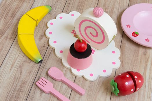 Fake food and kitchen equipment for little children.