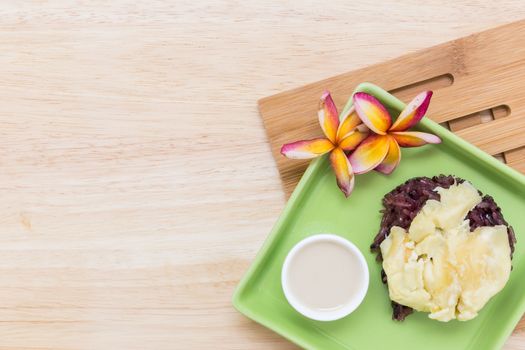 Durian with sticky rice is famous traditional Thai dessert menu.