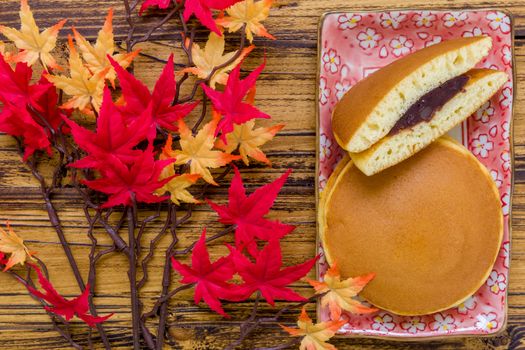 Dorayaki or Japanese pancake filled with red bean paste.