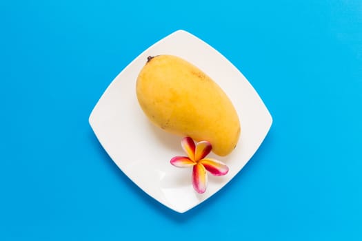 Ripe and yellow Thai mango on blue background.