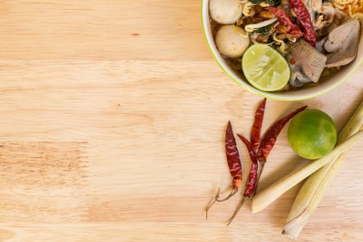 Tom Yum Spicy Soup Noodle with Fish Ball and Pork : Popular Thai Food