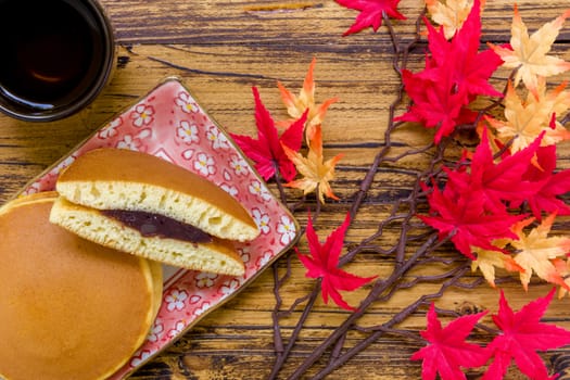 Dorayaki or Japanese pancake filled with red bean paste.
