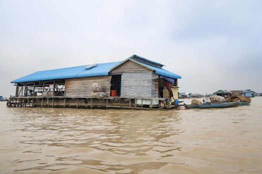 A building of a floating village llying on the Tonle Sap lake, Siem Reap Province, Cambodia