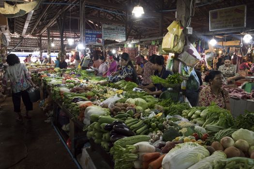 Siem Reap, Cambodia, 28 March 2018. Fruits and vegetables displays at the Fresh Food Market