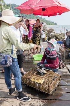 Cambodians ladies buying live crabs at the Crab Market, Krong Kaeb, Kep Province, Cambodia