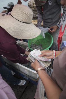 Krong Kaeb, Kep Province, Cambodia, 31 March 2018. Woman buying fresh and live crabsat the Crab Market