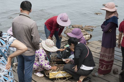 Cambodian lady buying crabs at the local and famous Crab Market of Krong Kaep, Kep Province, Cambodia