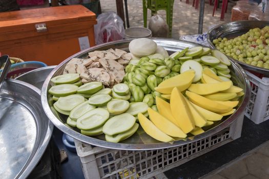 Display of Fresh cut fruits for sale at the famous Crab Market of Kep, Cambodia