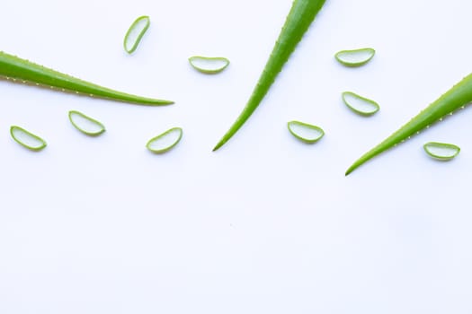 Aloe vera fresh leaves with slices on white background. Copy space