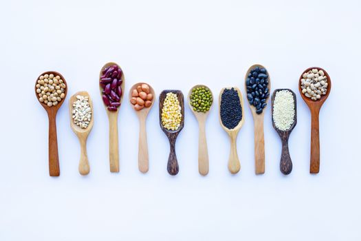 Mixed beans, Different legumes isolated on white background.