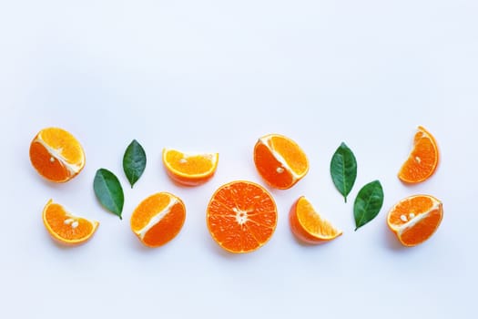 Orange citrus fruit on white background.  Top view, Copy space
